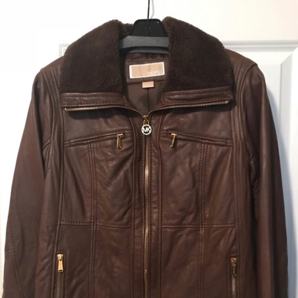 Michael Kors Brown Leather Bomber Jacket Size: L